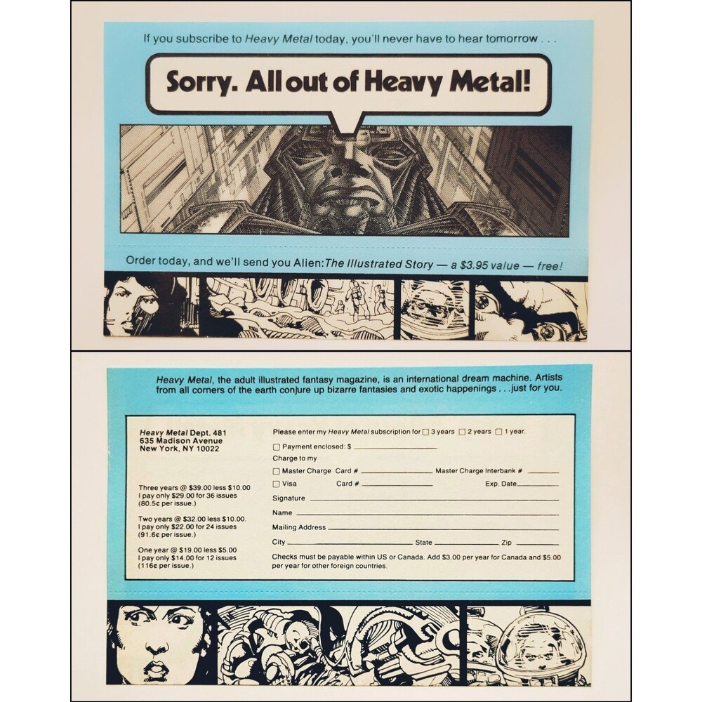 Vintage 1979 HEAVY METAL MAGAZINE Subscription Order Form / Clean Mint Condition